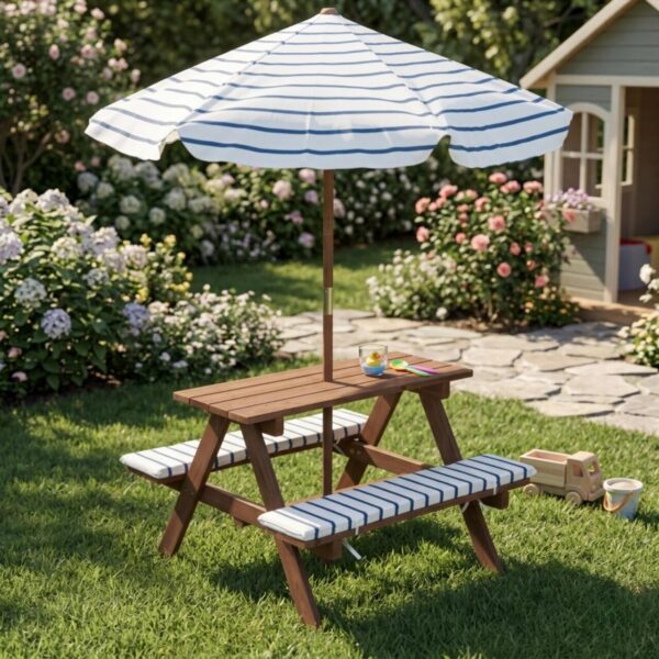 Dziecięcy stół piknikowy z parasolem KIRD, 75 x 75 x 140 cm