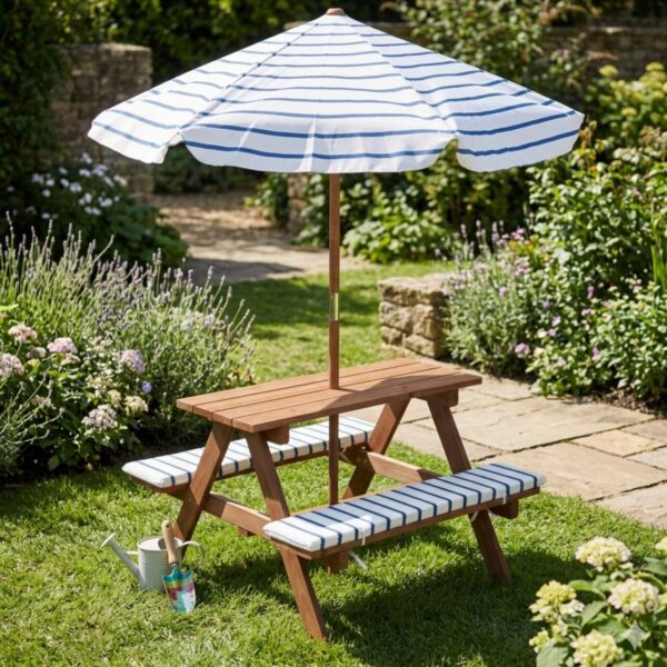 Dziecięcy stół piknikowy z parasolem KIRD, 75 x 75 x 140 cm