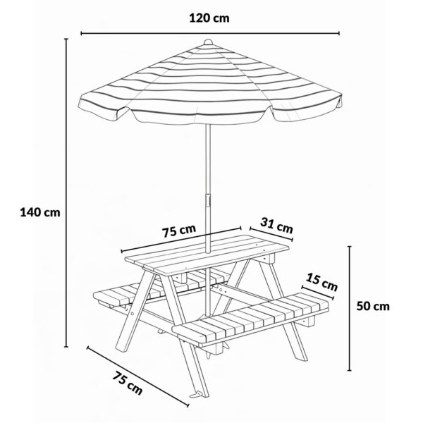 Dziecięcy stół piknikowy z parasolem KIRD, 75 x 75 x 140 cm