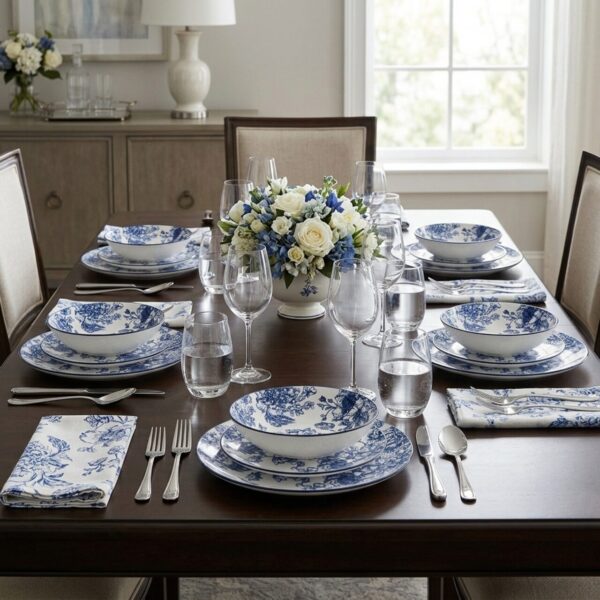 Zestaw ozdobnych talerzy z nadrukiem kwiatowym GLAMT, 18 sztuk, porcelanowych