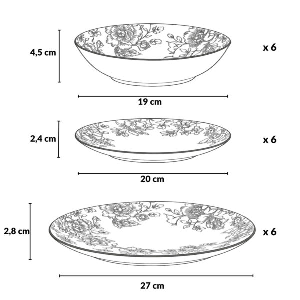 Zestaw ozdobnych talerzy z nadrukiem kwiatowym GLAMT, 18 sztuk, porcelanowych